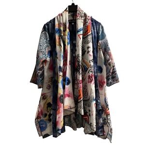 Donna White Kimono Womens XL Mixed Colorful Print Drape Open Front Artsy Unique